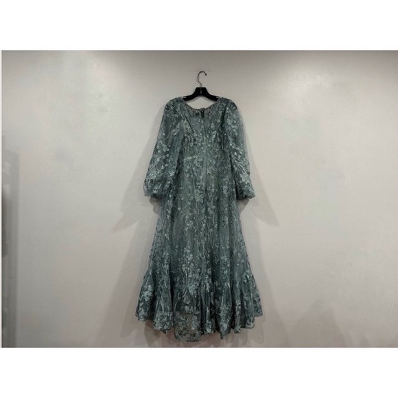 Mac Duggal 20512 Green V-Neck Mesh Puff Sleeve Embellished Tea Length Dress 6 - Picture 7 of 7